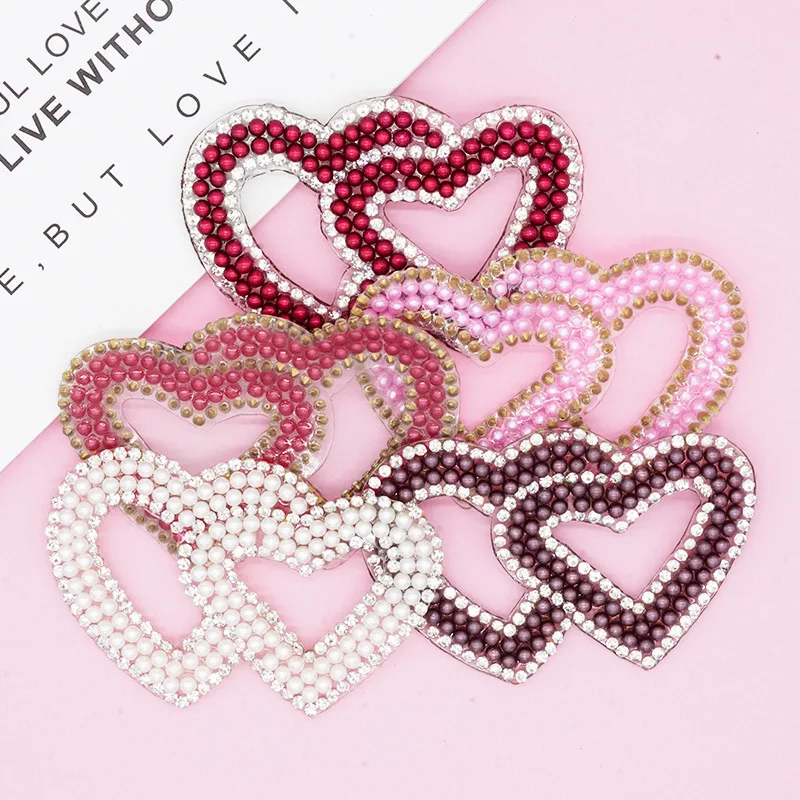 SC Hot Sale Exquisite Double Hearts Shape Iron On Rhinestone Pearl Beaded Patches For Diy Bag Shoes Accessories