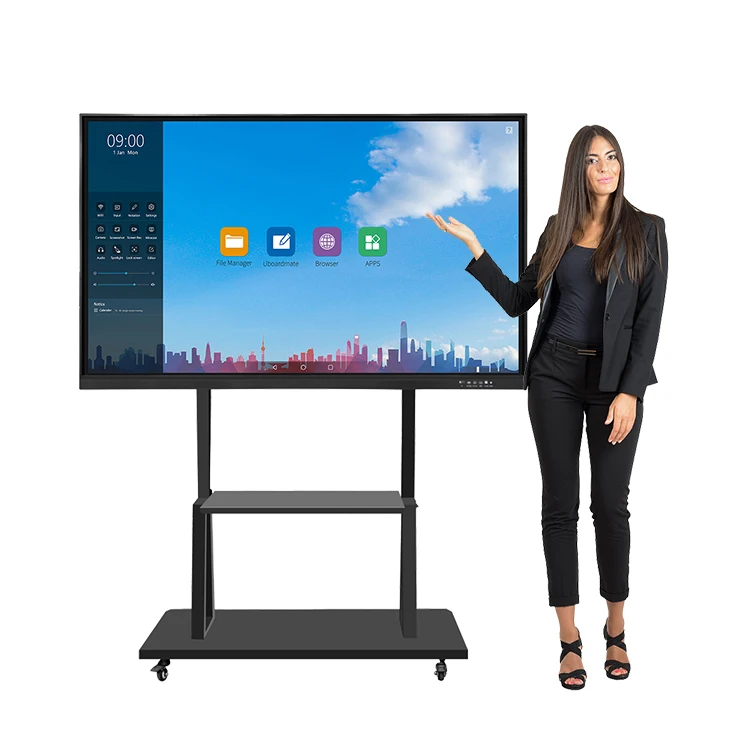 Mobile floor stand education classroom 4K UHD touch screen smart board all in one interactive flat panel 75 inch