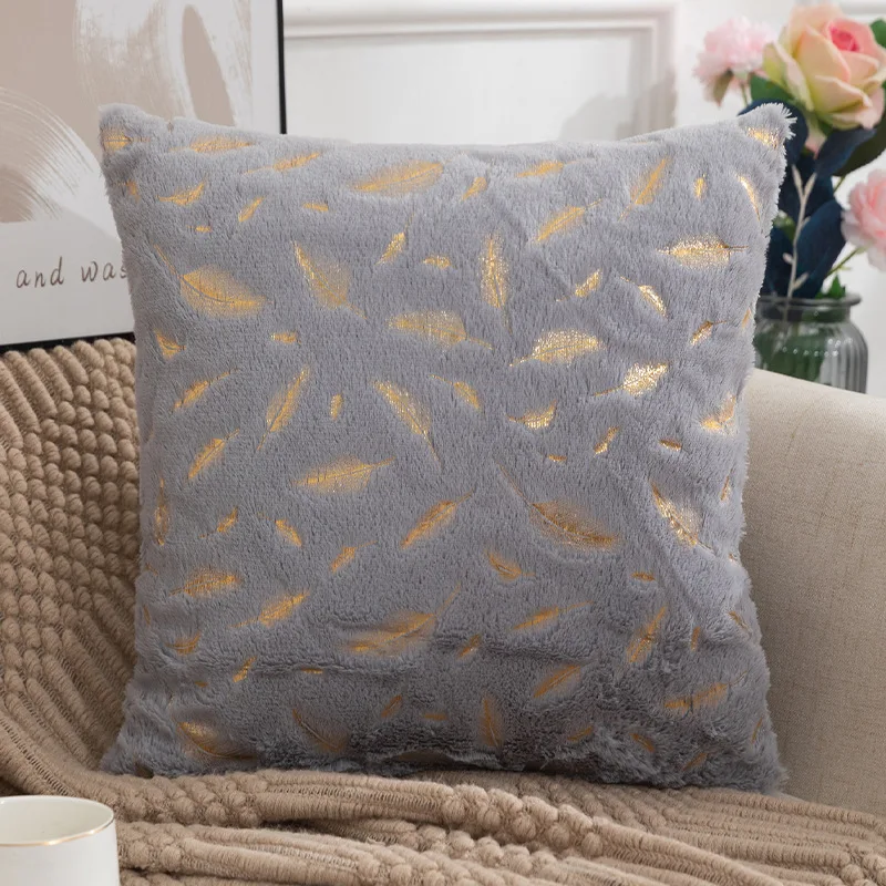 Decorative Throw Pillow Covers Plush Faux Fur with Gold Feathers Gilding Leaves Soft Fuzzy Cute Pillowcase for Couch Sofa Bed