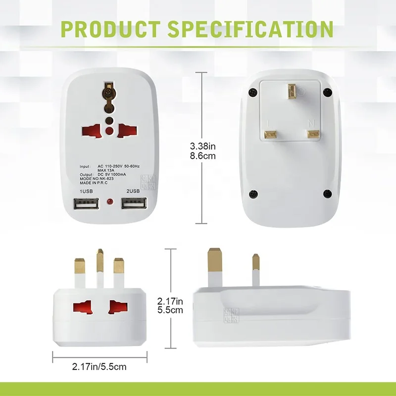 UK Plug Universal Adapter Double Usb 5v1a With Red Indicate Light Travel Universal To Schuko Charge Adapter