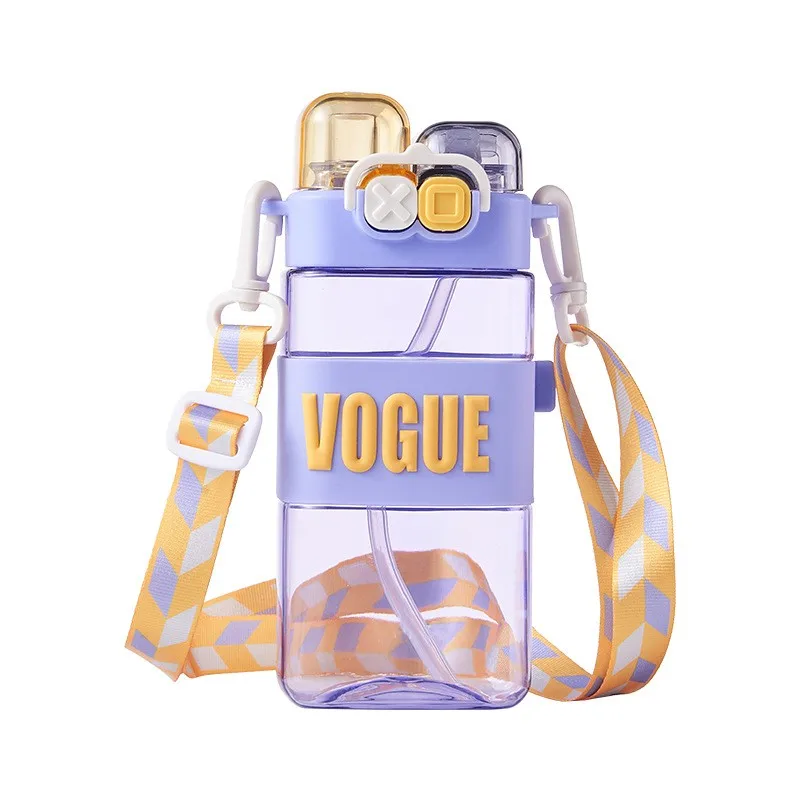 Double Drinking Straw Cup Plastic Double Lid Direct Drinking Drinking Creative Cute Water Bottle for Kids