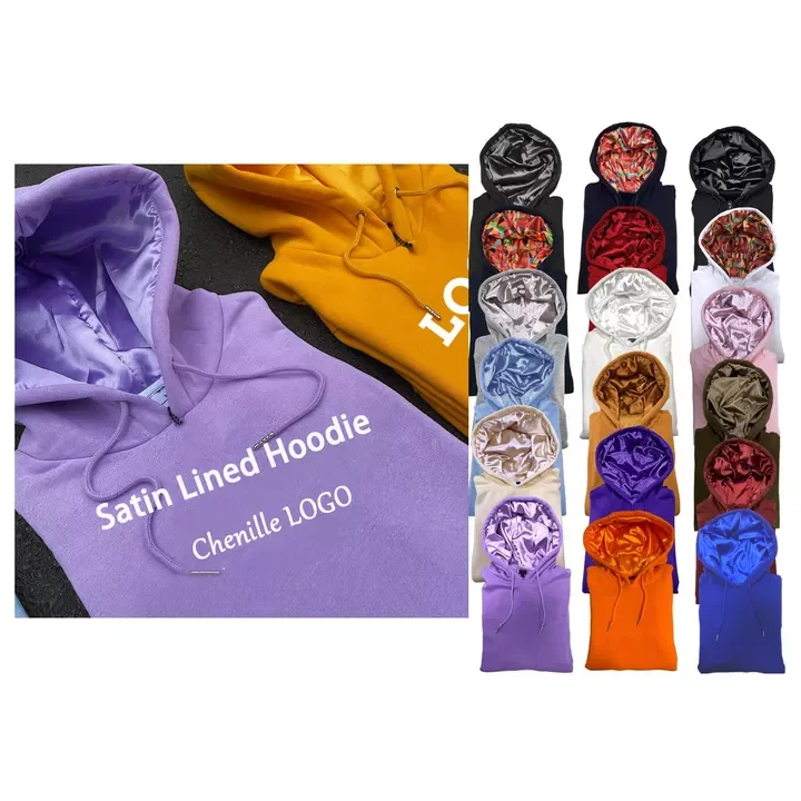 manufacturers custom slim fitting 100% cotton silk double layer chenille satin lined hoodie for men
