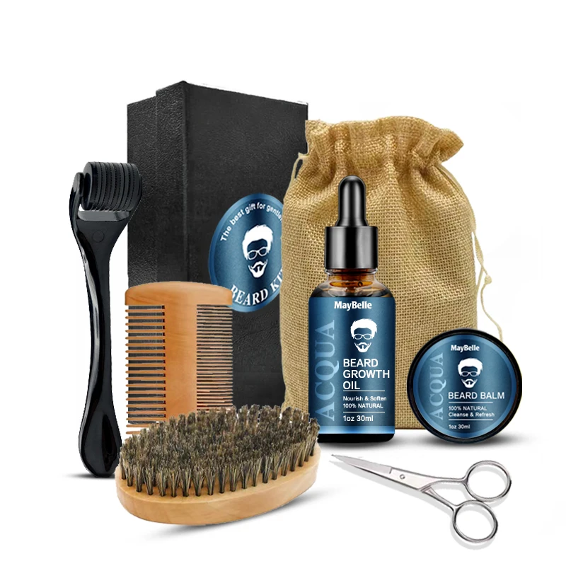 Private Label Organic Beard Growth Serum And Balm Care Set For Men Custom Logo Beard Growth Kit With Derma Roller