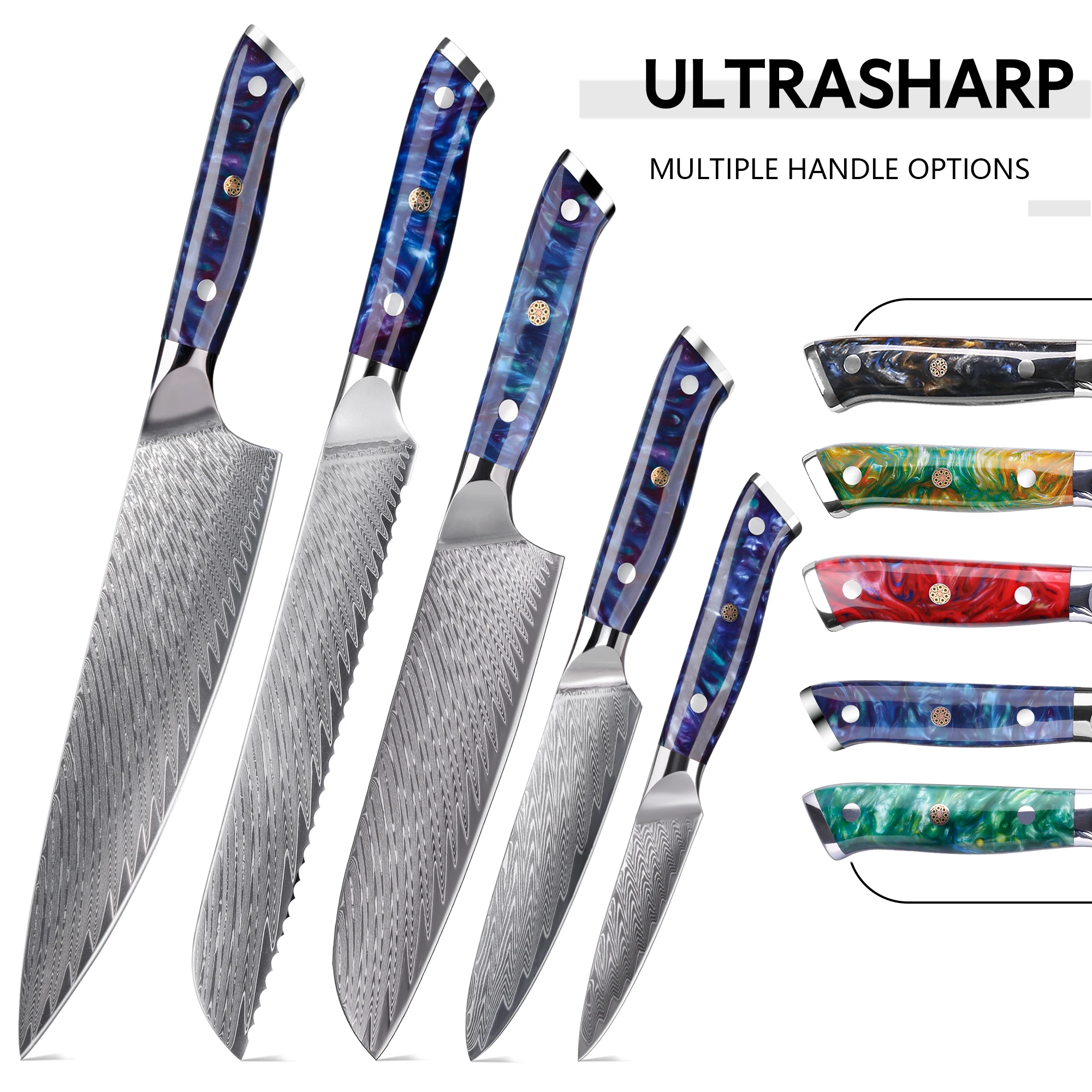 5PCS Professional 67 Layers Damascus VG10 Steel Knife Set With  Resin Handle Kitchen Chef Slicing Knives Damascus Knife Set