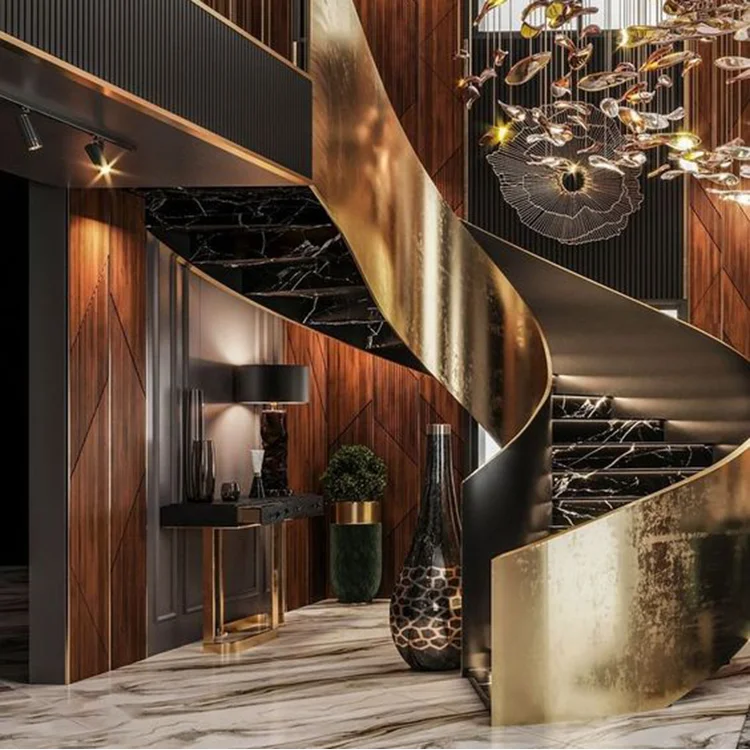 High Quality Modern Indoor Curved Staircase Interior ceramic stair step curved Stairs with Glass Railing stairs for small houses