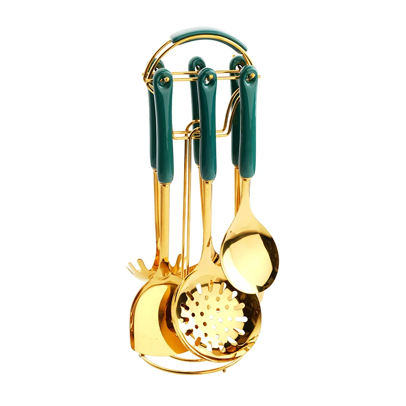
Cookware Set Stainless Steel 7pcs Kitchen Tool Ceramics Hand with Golden Holder 