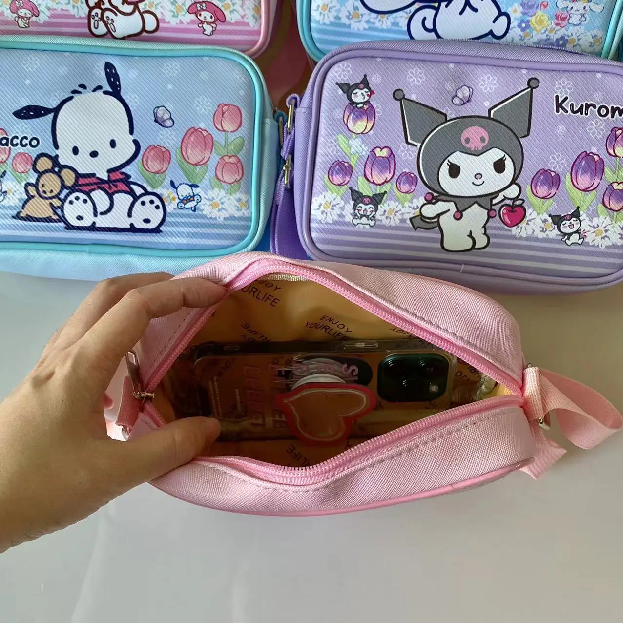 2024 wholesale cute shopping handbag bags student girl cartoon kawaii crossbody bag pu melody kt small square shoulder bag