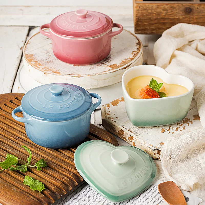 Binaural Round Pot Bakeware Ceramic Baking Pan Ceramic Soup Bowl With Lid