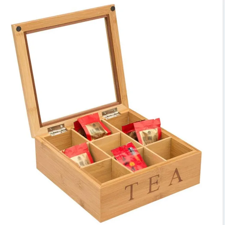 Custom Bamboo Wooden Tea Packing Box 9 Grids Compartments Tea Bag Gift Box