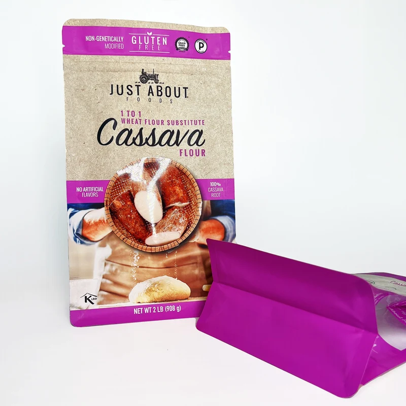 Eight sided sealing packaging plastic bags for food flat bottom child proof flour pouches