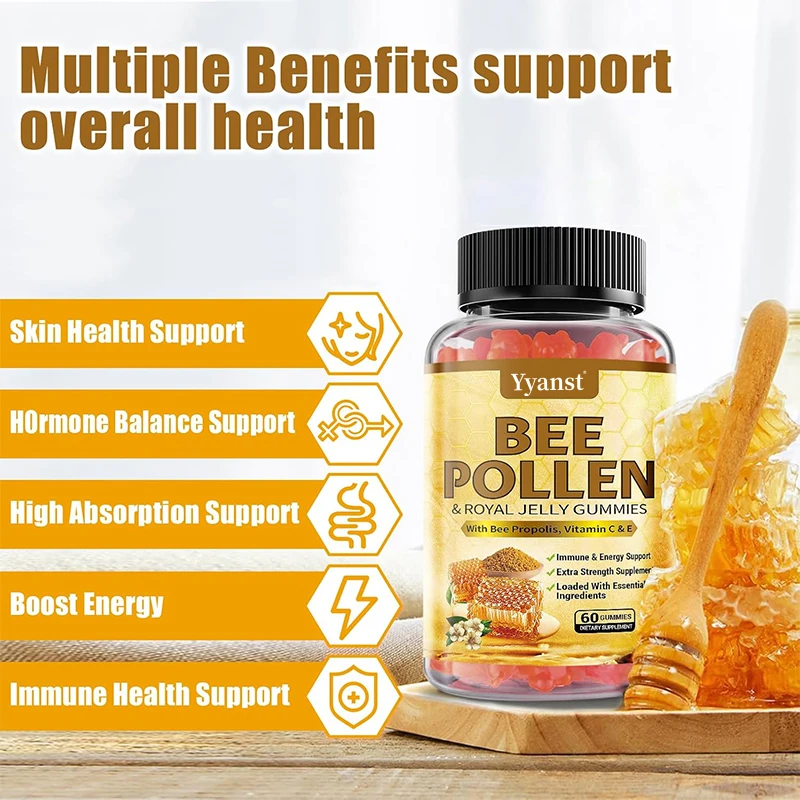 Private Label 100% Natural Bee Pollen with Royal Jelly Gummies Skin Health Support Boost Energy Bee Pollen Gummies