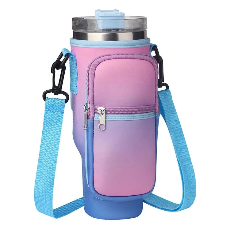 Wholesale Neoprene Water Bottle Insulated Sleeve Adjustable Shoulder Strap 40oz Tumbler Mugs Holder Bag with Zipper Phone pocket