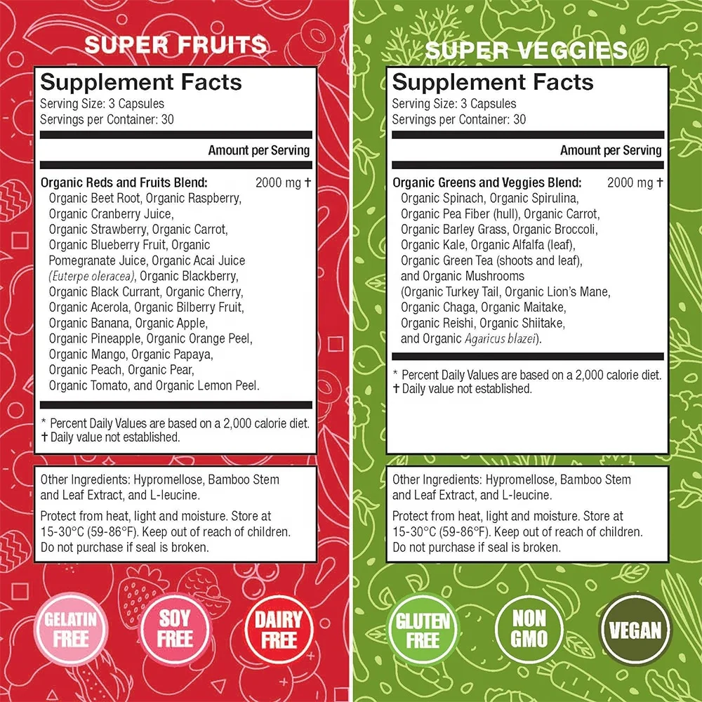 Organic Super Fruit Veggies Capsule Supplement Gluten/Gelatin Free For Vitamins supplement Vegan Reds Greens Superfood Capsules