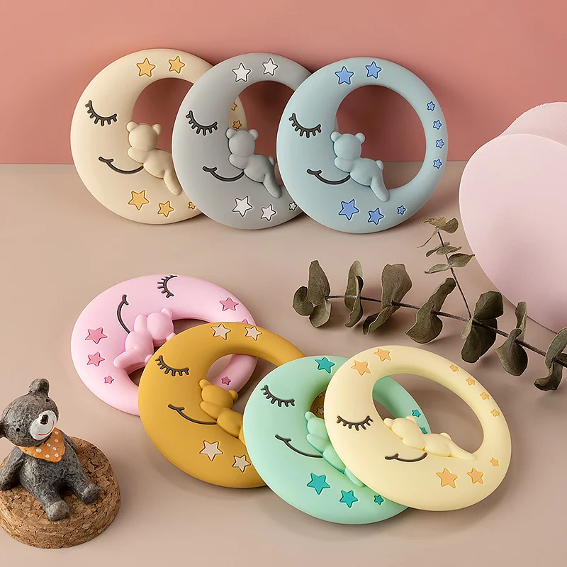 Moon Shape Food Grade Baby Silicone Teether Ring Babi Toy Pendants Diy Teething Molar Bpa Free Baby Teethers