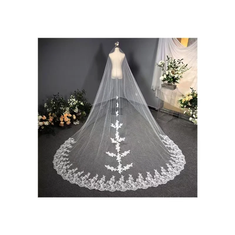 Latest exquisite Appliqued tulle Lace Ivory long bridal wedding Veils 3.8m*3m