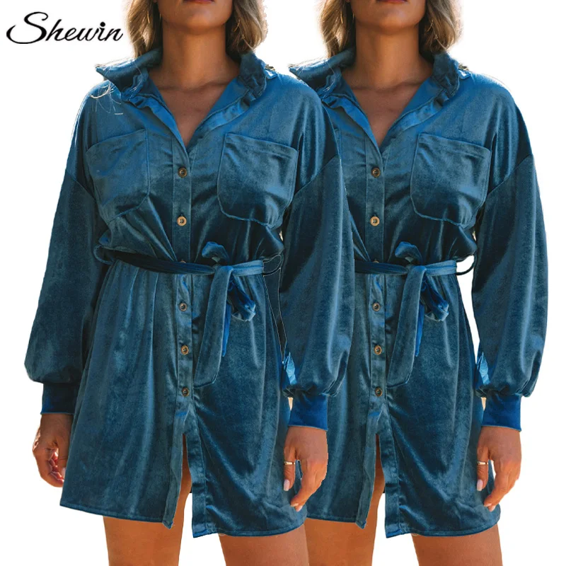 High Quality Winter Solid Color Button High Waist Lace Up Women Mini Velvet Dress