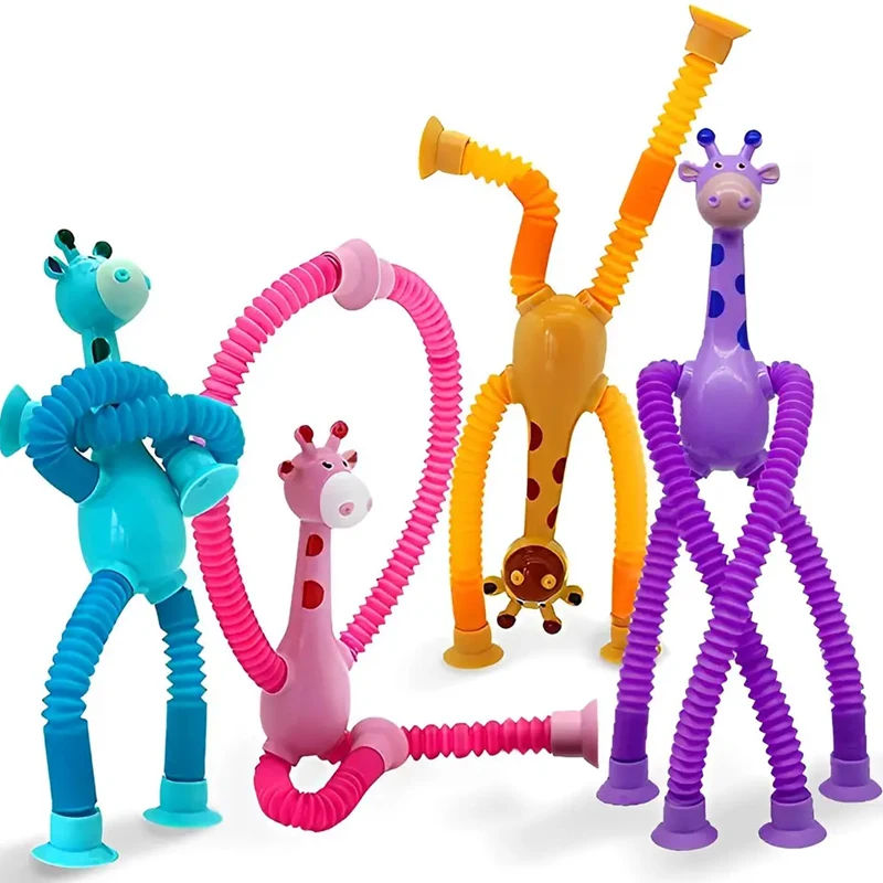 Decompression Squeeze Toys Multicolor LED Light Up Toys Pop Tubes Sensory Fidget Suction Cup Pop Tube Giraffe Toys For Kids