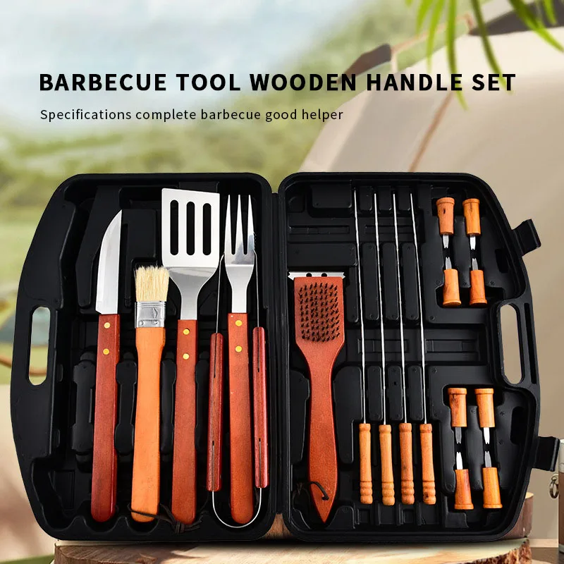 Fashion 18 in 1 barbecue tool Set with black portable carrying case Stainless steel wooden cooking accessories set