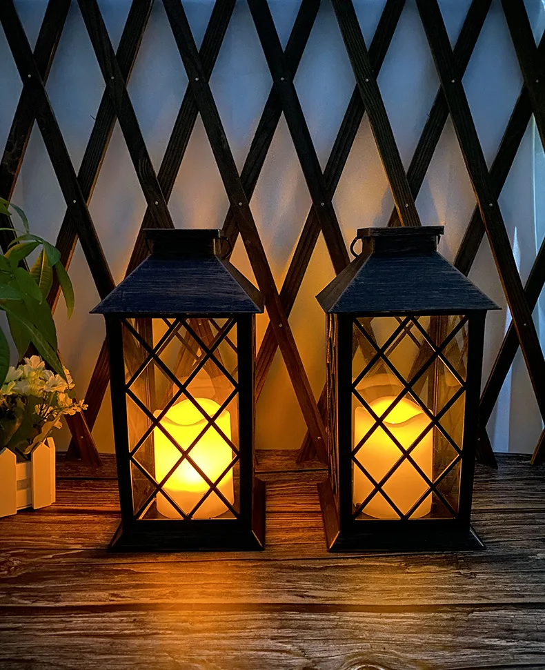 Solar Candle Lantern for outdoor, Metal+Glass Black Candle holder with Battery operated led candle for Holiday Home decor
