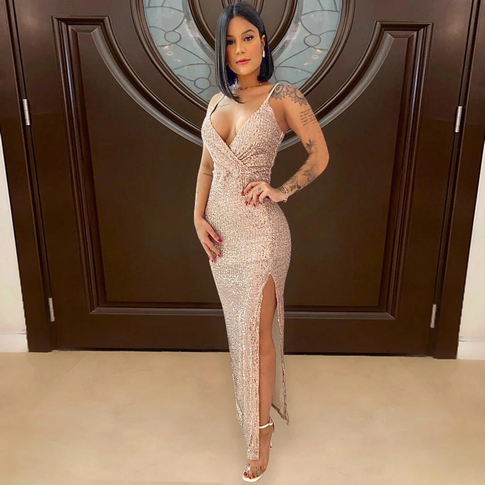 New Ball Gown Evening Dresses Elegent Girl Sexy sleeveless Sling shining Sequins dresses women