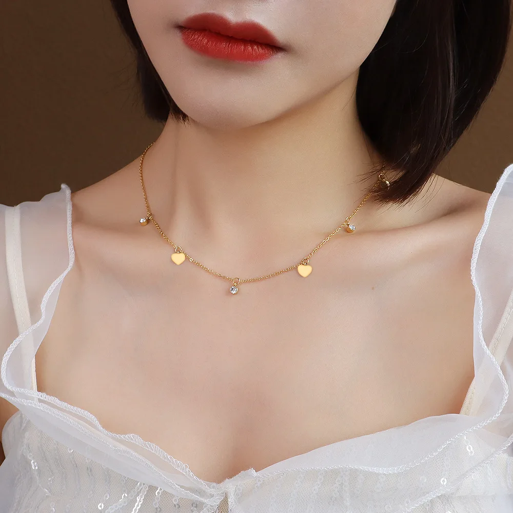 Aizhilin 2024  collier acier inoxydable Korean Trendy  Sweet Stainless Steel 18k Gold Heart Zircon Clavicle Necklace For Women