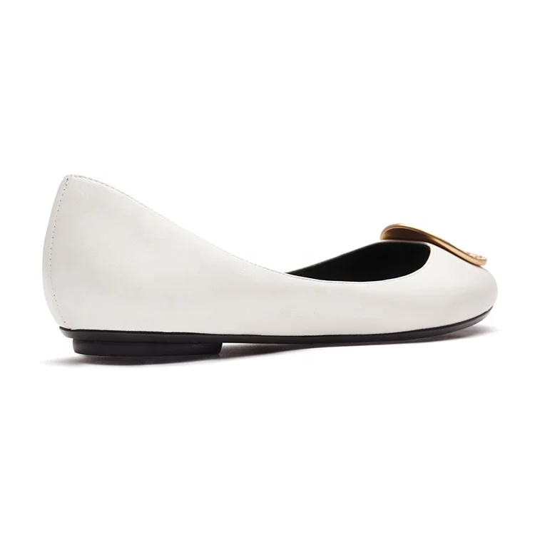 
New trend womens flat foldable slip on shoes leather metal charm ballet white flat shoes 
