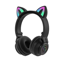 Custom Logo Kids Headphones Deep Bass TWS Headset P47 Color Stylish Cat Ears LED RGB Wireless Earphones For Girls Children
