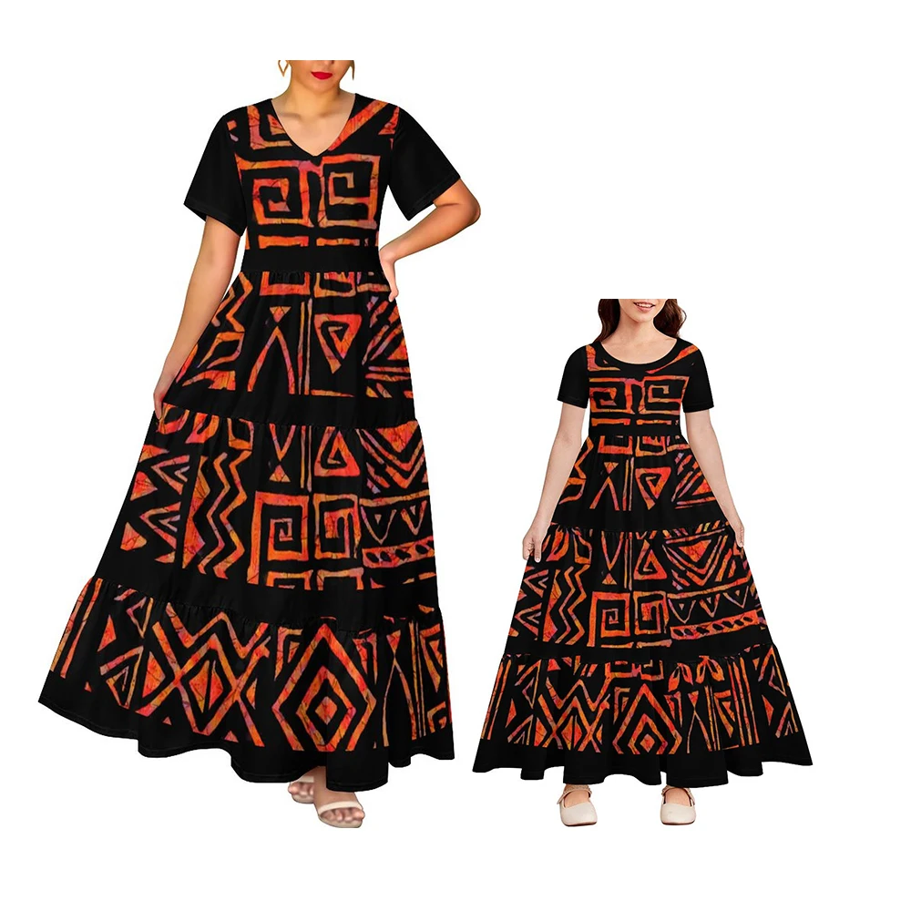2024 Hot Selling Polynesian Elei Tribal Design Custom Woman Girl V-Neck Short-Sleeved Cake Dress Outfits Family Matching Clothes