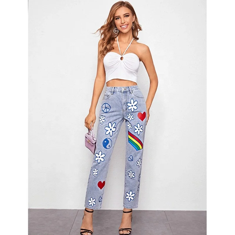 NVFelix 2022 Spring New Style Ladies Personalize Cute Colorful Daisy Paint Mom Jeans