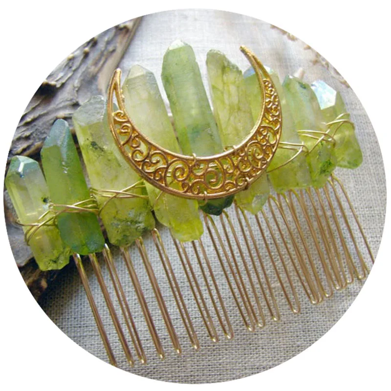Hongyu Titanium Quartz raw ghost Crystal Moon hair pin side comb high priestess Bridal Crown Tiara Wedding veil witch gothic