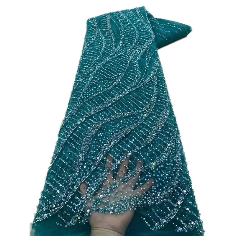 NI.AI New Fashion Beaded Lace Pearls Sequin Fabric Embroidered Sequins Stripe Lace Fabric Net Lace for Dress