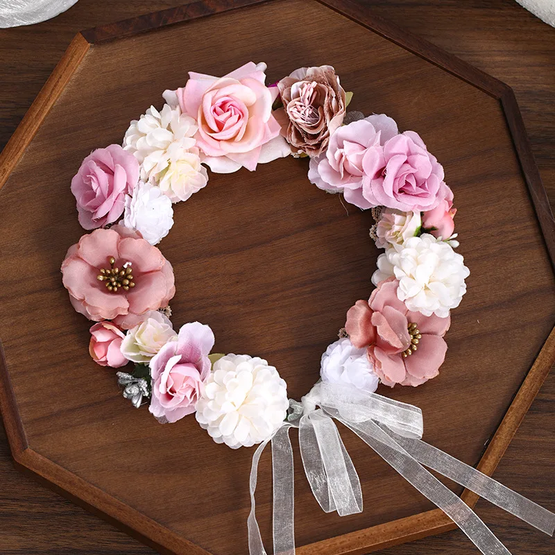 Artificial Flower Wreath Bride Women Flower Crown Hair Band Wedding Floral Headband Garland Ribbon Girl Hair Accessories