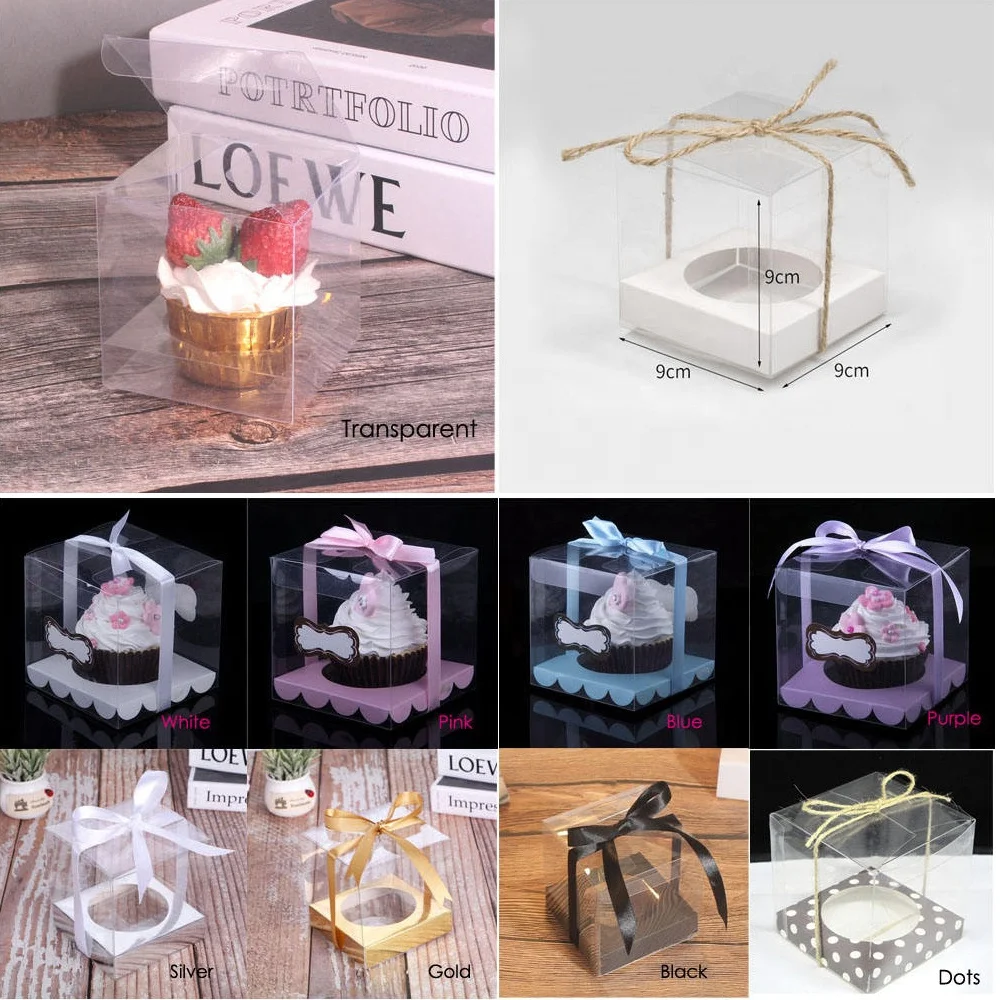 Gold Ribbon Transparent Square PET Cupcake Boxes Clear Muffin Cake Packing Box for Business Wedding Party Packaging