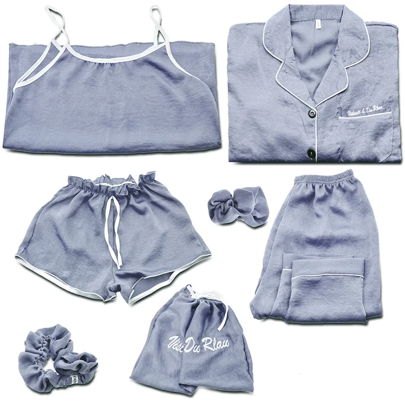 Custom Women Silk Nighty Sleepwear Sexy Satin Sexy Girls Sleepwear Pajamas Women 7 Pieces Suit Nighty Pyjamas for Women