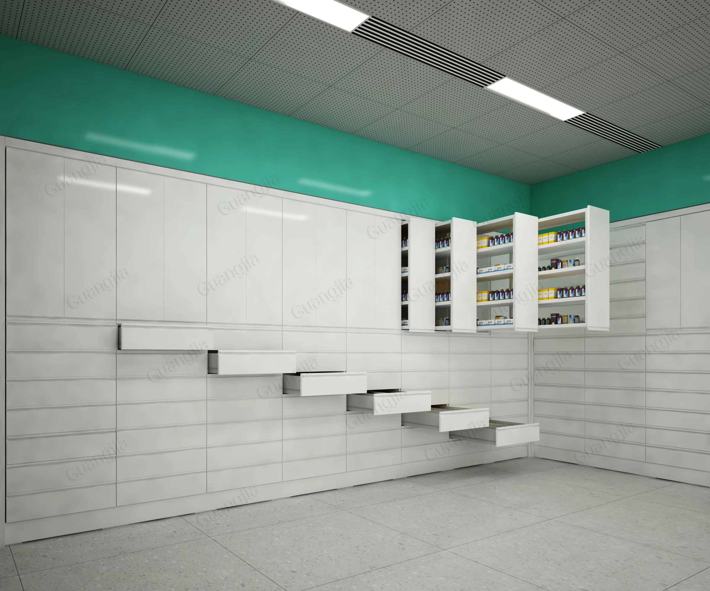 European style pharmacy drawer system pharmacy cabinet display shelf and rack