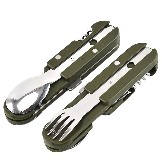 Army Green Folding Pocket Cutlery Stainless Steel Camping Tableware Knife Fork Spoon Bottle Opener