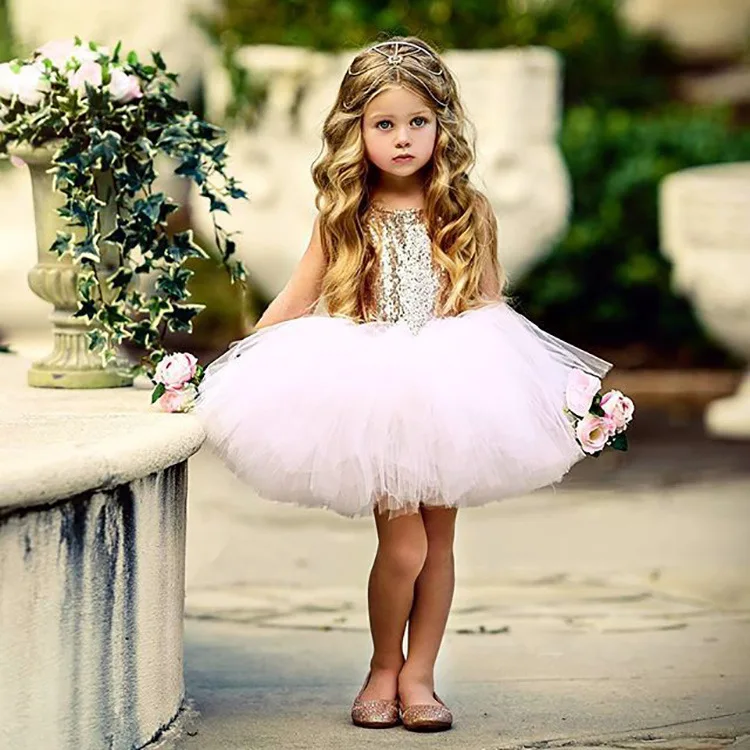 2023 Best Selling Sequin Kids Dresses Around Neck Sleeveless Girls Dresses Solid Tutu Skirts Princess Dresses