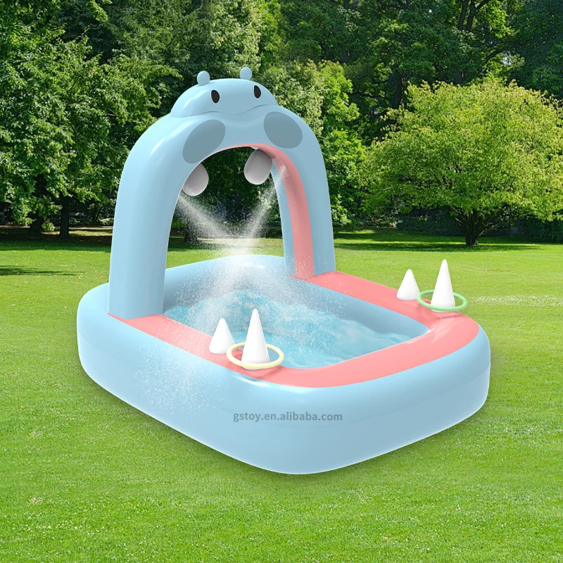 Outdoor yard inflatable kids pool sprinkler splash hippo cartoon multifunctional throw game water play inflatable pool for kids