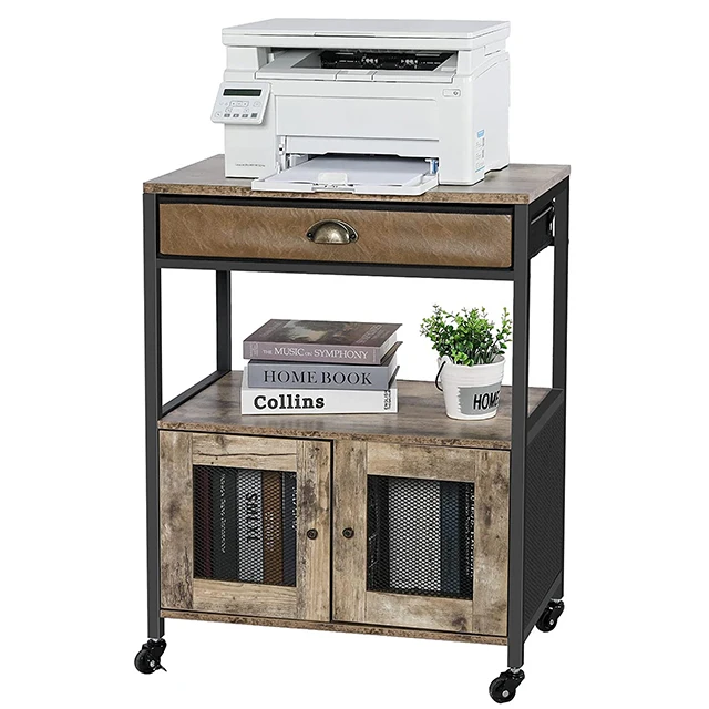 Printer stand with storage cabinet, 3-layer end table with drawer and door, movable printer table on wheels