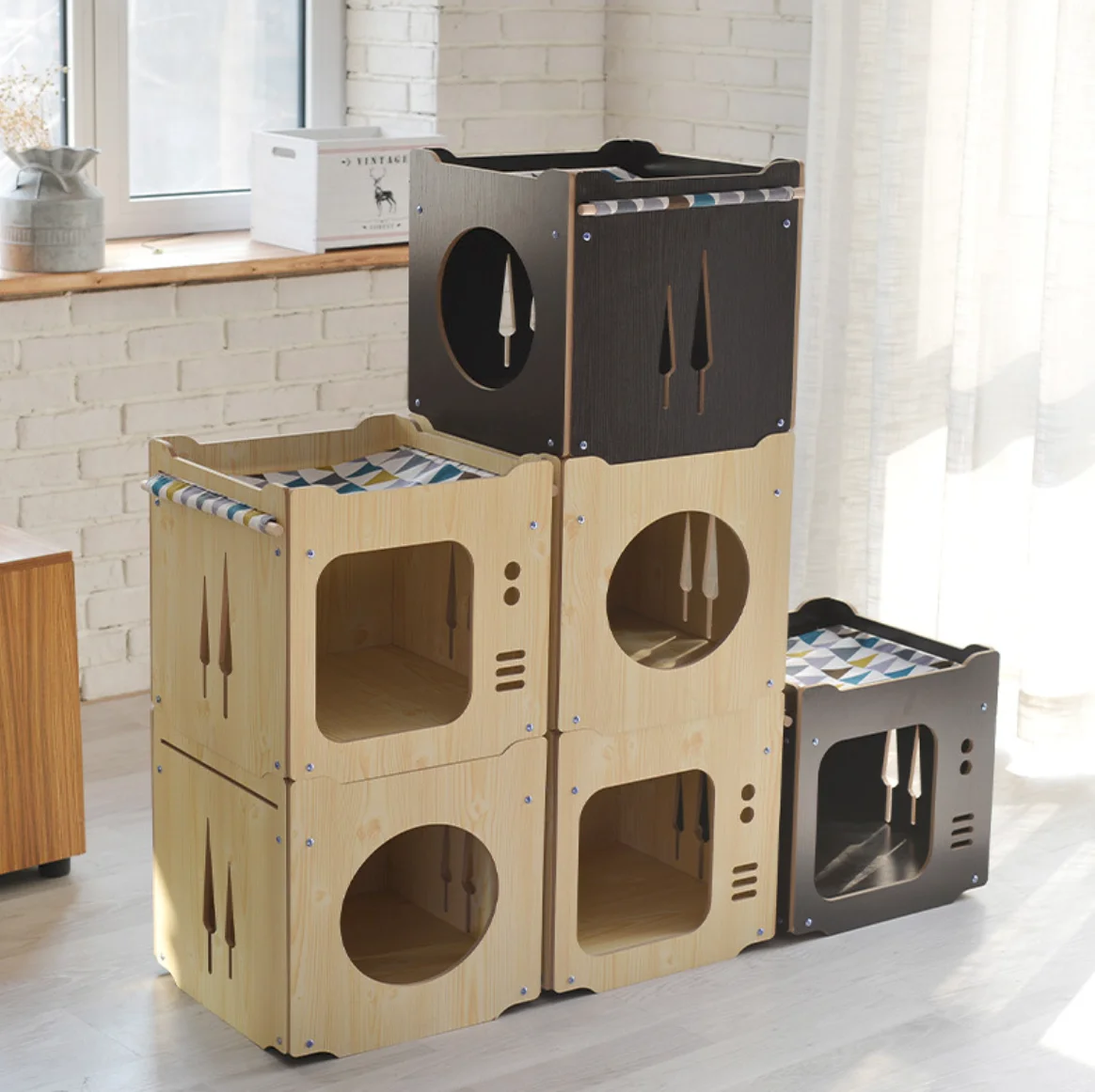 Wooden Pet House Rabbit Hideout With Hammock Stackable Collapsible Cat Cube Room Bunny Cat Climbing Combination