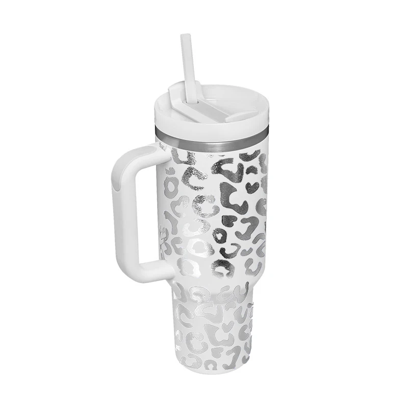 holographic leopard vacuum insulated stainless steel 40 oz tumbler cup with handle and straw adventure quencher travel  stanleys
