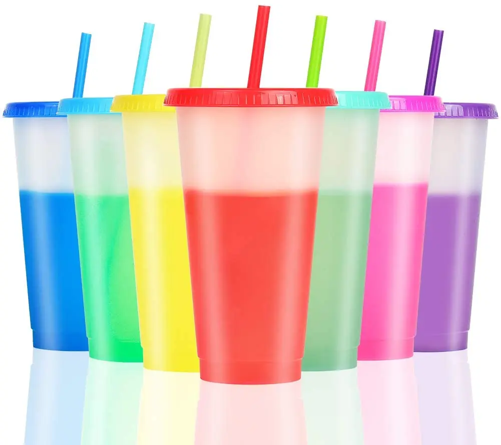 Mazoho hot sell 5PCS/Set 16oz BPA FREE Cold water cup Plastic tumbler cold Glitter color changing cups with Straw