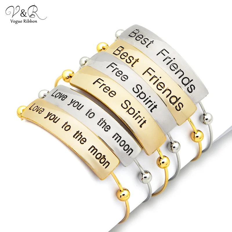 V&R OEM Rhodium Personalized Alphabet Letter Engraved Open Man Gold Plated Cuff Bangle Bracelet For Women
