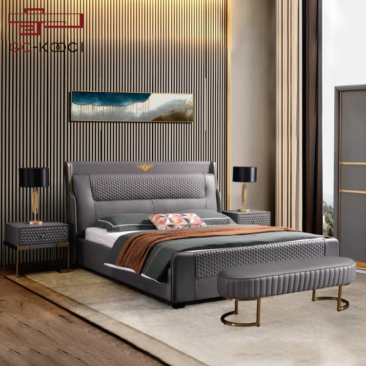 American Modern design simple light luxury fabric leather bed king size queen size with high headboard