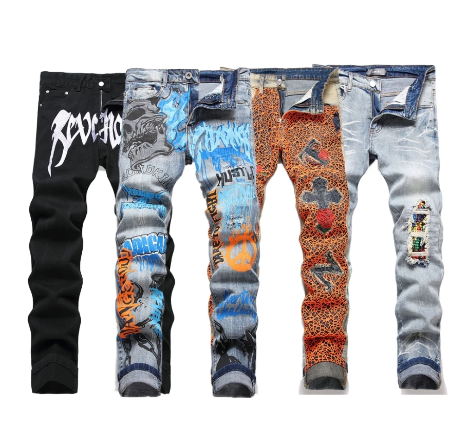 Drop Shipping Mens Denim Pants Plus Size Casual Pattern Ripped Skinny stacked jeans men