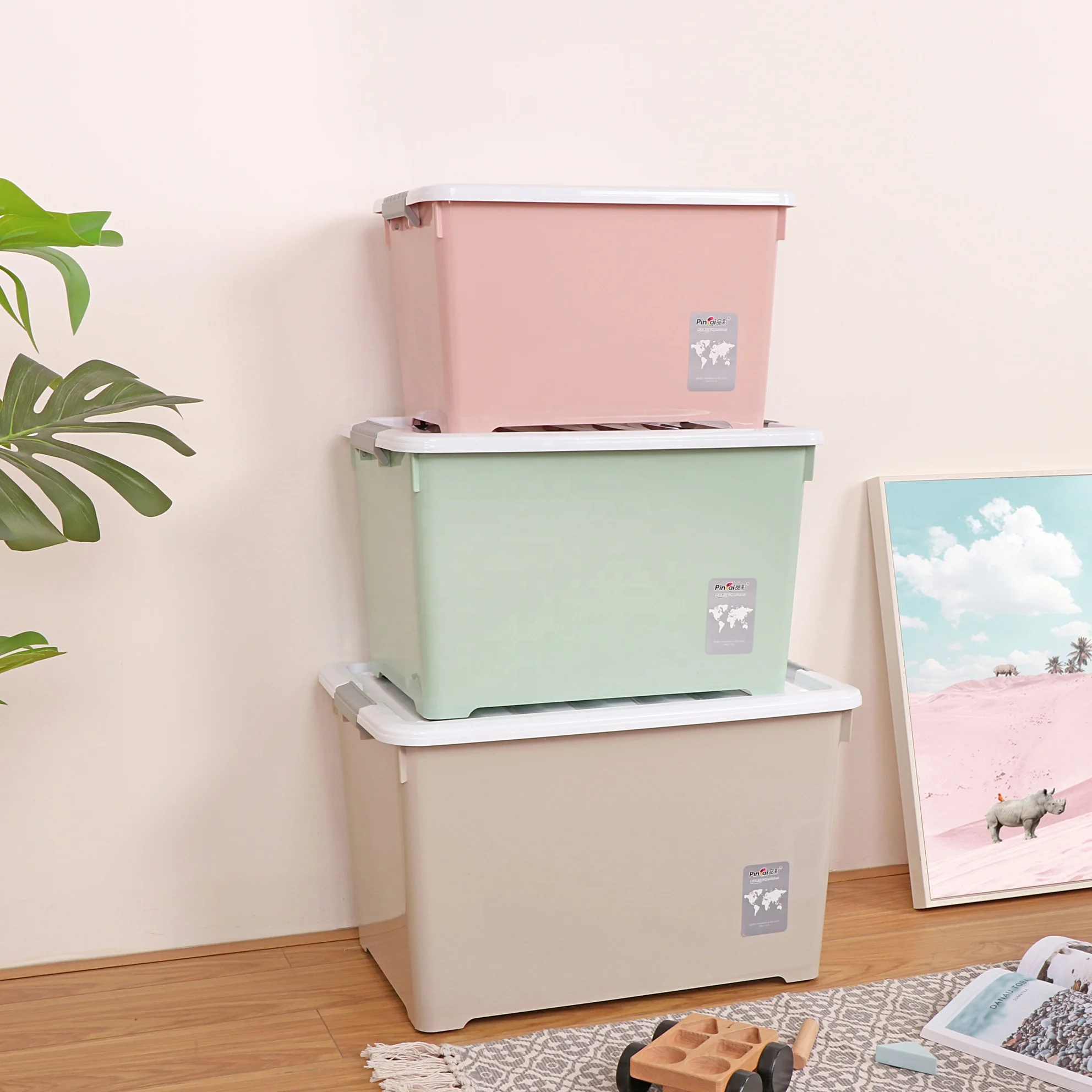 Large Capacity Multi-purpose Plastic Toy Storage Box Solid Color Storage Box with Wheels Organiser Storage Box