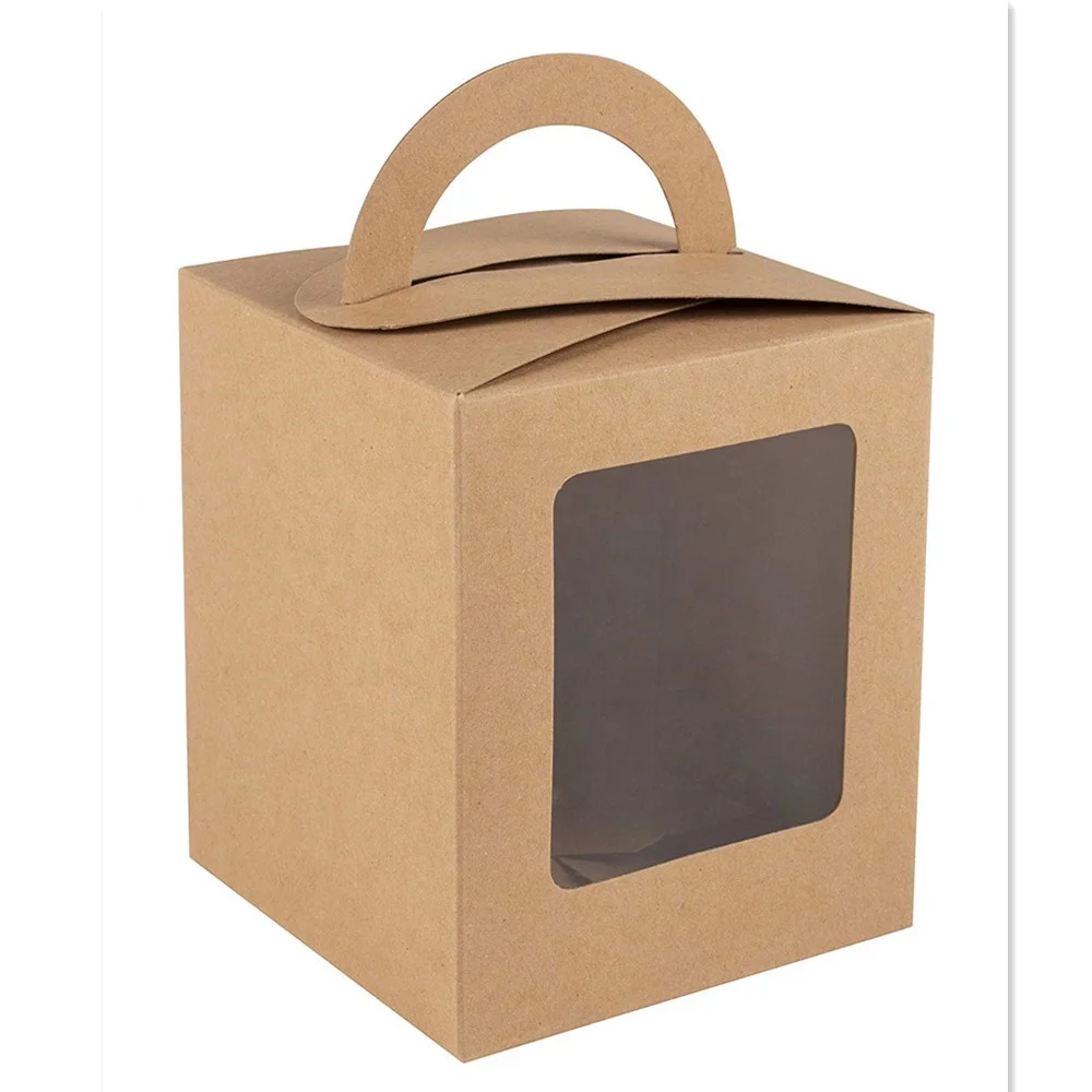 Kraft Paper Cupcake Boxes Single Bakery Box Packaging with Clear Display Window Insert and Handle Pastry Carrier Treat Boxes