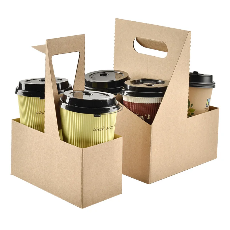 Customized Design Takeout Hot Drink Coffee Tea Cup Holder Cup Kraft Disposable Craft Paper Food  Paper  Tray with Handle