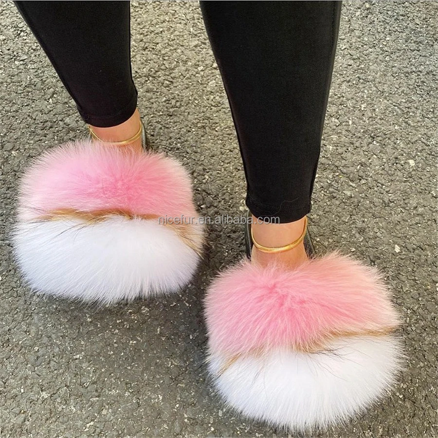 Quick Shipping Flush Raccoon Slippers Outdoor Fur Sandals Slider Slippers Wholesale Real Fur Slippers Fox Fur Slides For Women