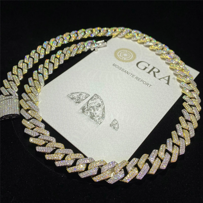 Hip Hop Jewelry 14mm Iced Out Moissanite Diamond Gold Cuban Chain Necklace 925 Sterling Silver Necklace Miami Cuban Link Chain
